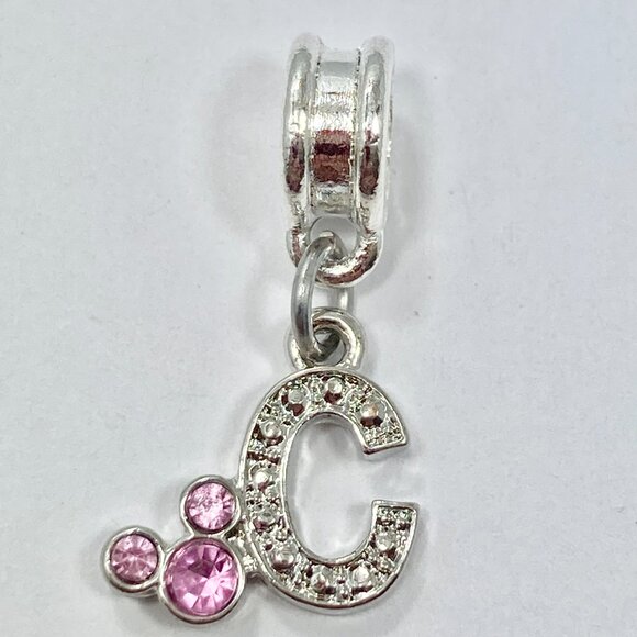 Vtg Disney Pink Crystal Mickey Mouse Ears European Slide Charm Initial Letter C - Picture 2 of 6